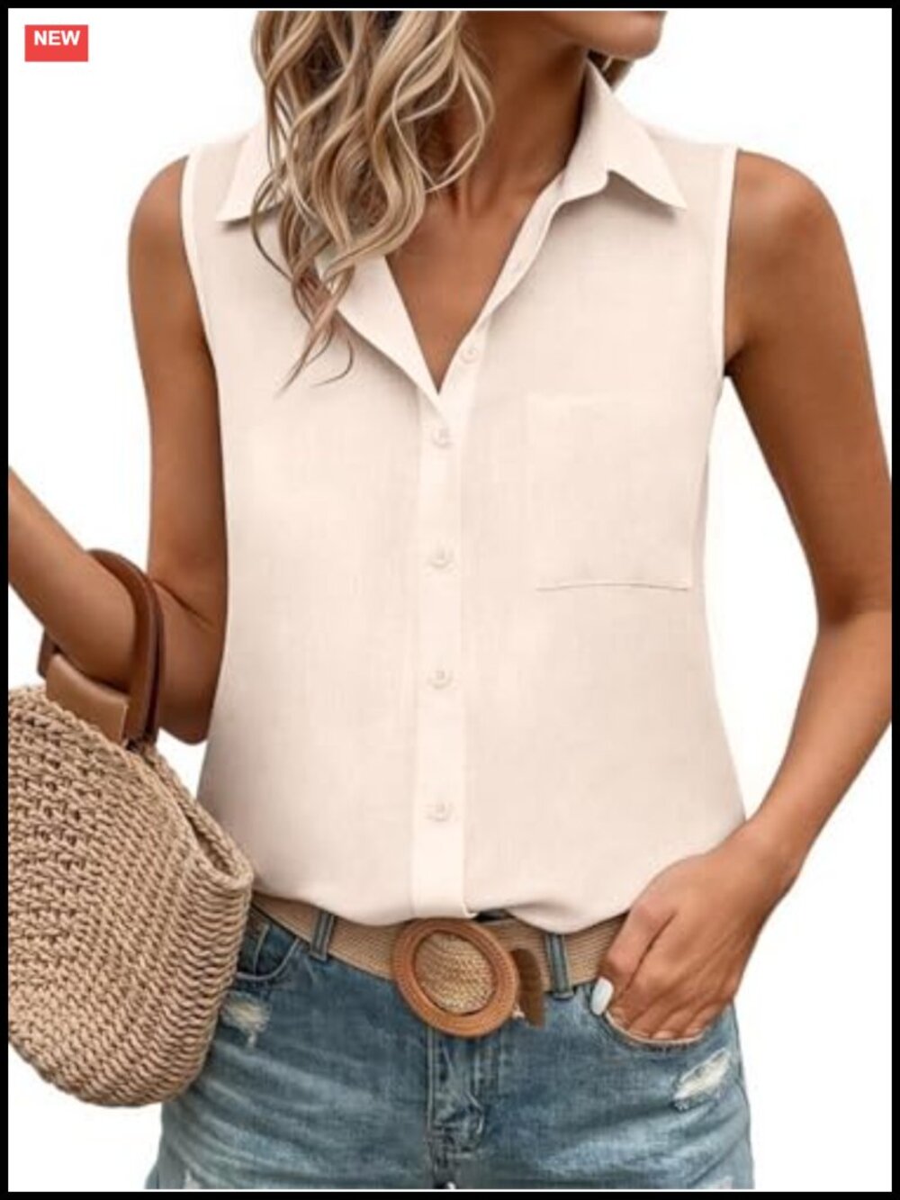 Sleeveless Button Down Shirt 100% Cotton Collared Tank Top Summer Casual Blouse